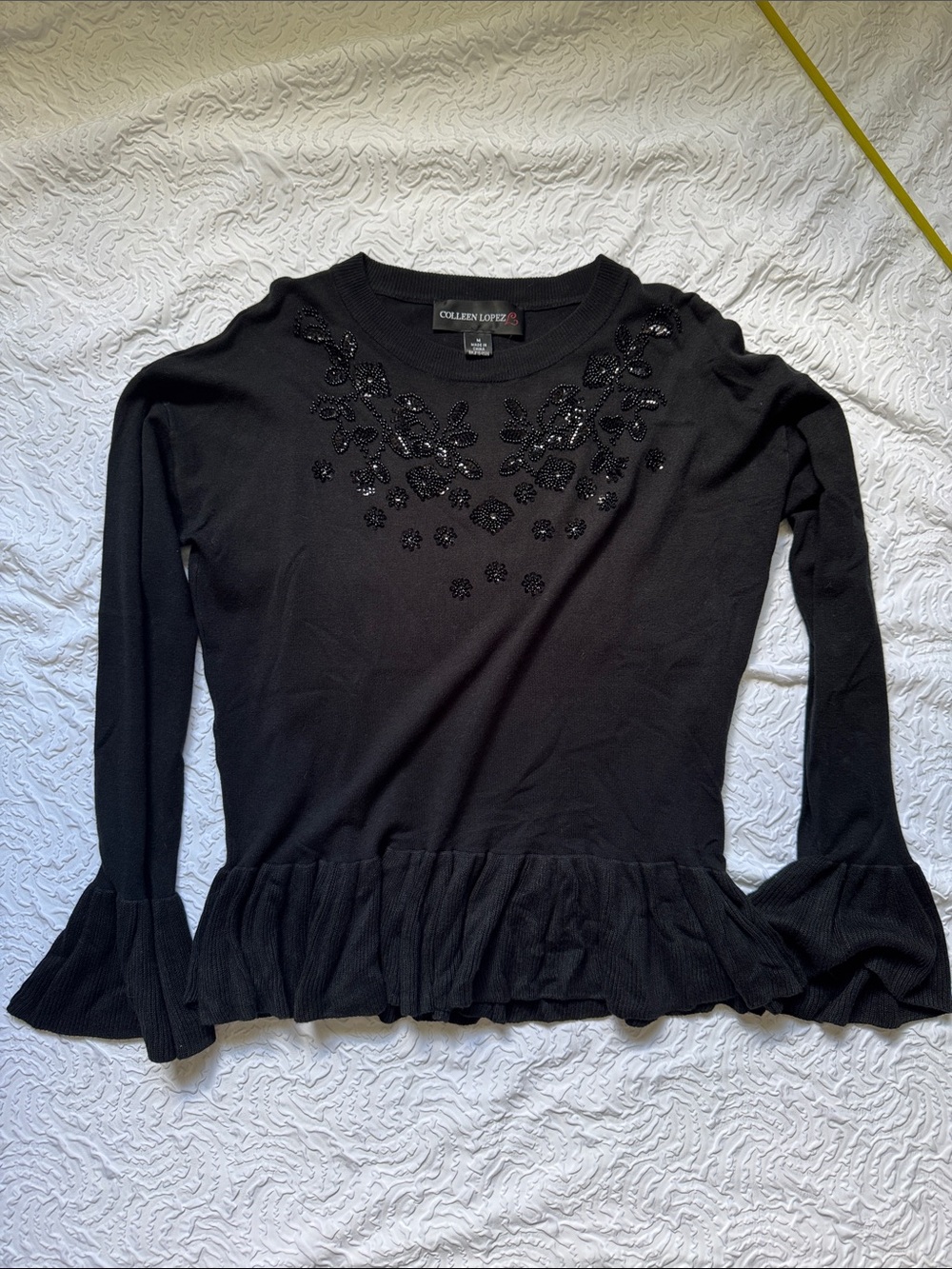Colleen Lopez Black Beaded Floral Crewneck Long Sleeve Top with Ruffle Hem